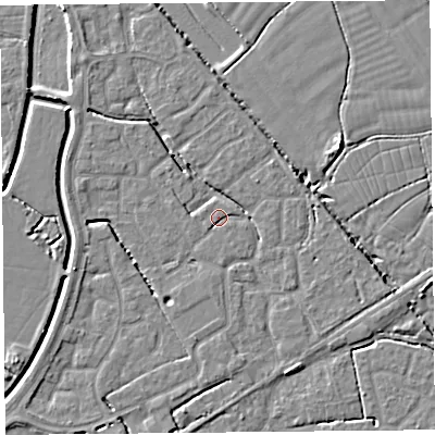 Shaded relief map of the ground around BS227WB, computed from Environment Agency LiDAR. The ground here sits at about 6 m above sea level and falls 5 m across the surrounding 800 m. Surface water reaching this point runs off ground lying to the west-north-west, 1.1 m higher.