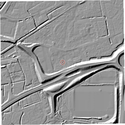 Shaded relief map of the ground around BS227XA, computed from Environment Agency LiDAR. The ground here sits at about 5 m above sea level and falls 11 m across the surrounding 800 m. Surface water reaching this point runs off ground lying to the south-west, 8.3 m higher.