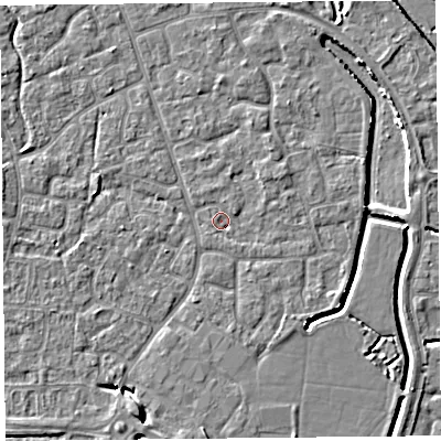 Shaded relief map of the ground around BS227XB, computed from Environment Agency LiDAR. The ground here sits at about 6 m above sea level and falls 5 m across the surrounding 800 m. Surface water reaching this point runs off ground lying to the north-east, 1.8 m higher.