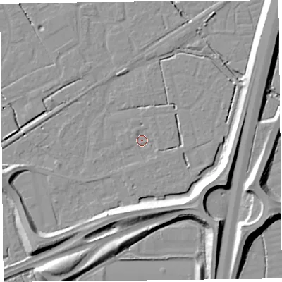 Shaded relief map of the ground around BS227XD, computed from Environment Agency LiDAR. The ground here sits at about 5 m above sea level and falls 11 m across the surrounding 800 m. Surface water reaching this point runs off ground lying to the north-west, 1.2 m higher.