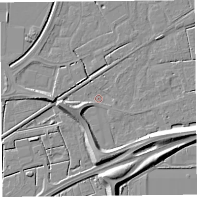 Shaded relief map of the ground around BS227XE, computed from Environment Agency LiDAR. The ground here sits at about 5 m above sea level and falls 10 m across the surrounding 800 m. Surface water reaching this point runs off ground lying to the south-west, 1.3 m higher.