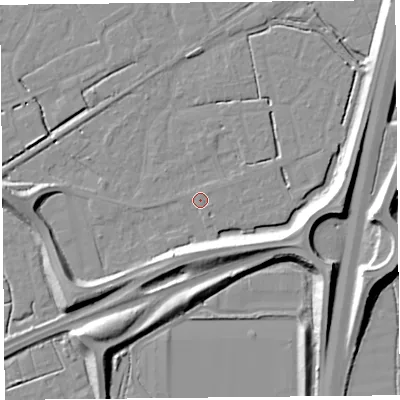 Shaded relief map of the ground around BS227XF, computed from Environment Agency LiDAR. The ground here sits at about 6 m above sea level and falls 11 m across the surrounding 800 m. Surface water reaching this point runs off ground lying to the south-west, 7.4 m higher.