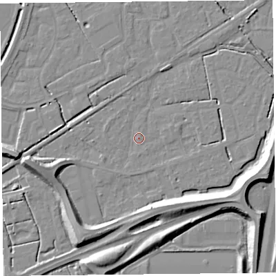 Shaded relief map of the ground around BS227XH, computed from Environment Agency LiDAR. The ground here sits at about 6 m above sea level and falls 11 m across the surrounding 800 m. Surface water reaching this point runs off ground lying to the west, 7.6 m higher.