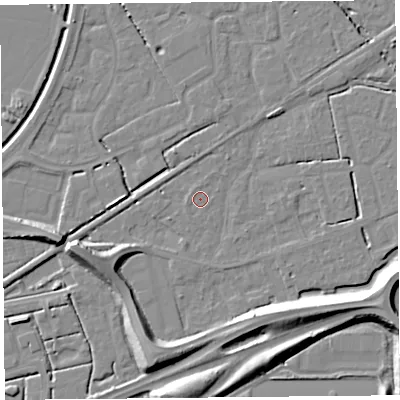 Shaded relief map of the ground around BS227XJ, computed from Environment Agency LiDAR. The ground here sits at about 6 m above sea level and falls 11 m across the surrounding 800 m. The ground contributing surface water to this point lies to the west.