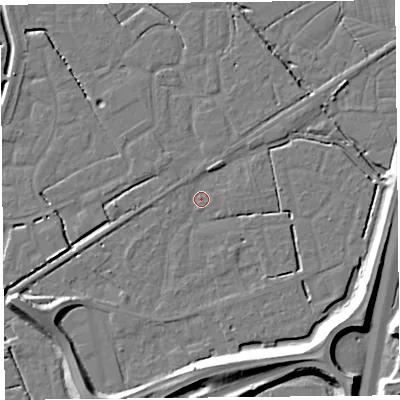 Shaded relief map of the ground around BS227XL, computed from Environment Agency LiDAR. The ground here sits at about 5 m above sea level and falls 11 m across the surrounding 800 m. Surface water reaching this point runs off ground lying to the south-east, 10.0 m higher.