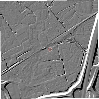 Shaded relief map of the ground around BS227XN, computed from Environment Agency LiDAR. The ground here sits at about 6 m above sea level and falls 11 m across the surrounding 800 m. Surface water reaching this point runs off ground lying to the west, 1.9 m higher.