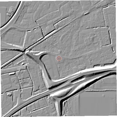 Shaded relief map of the ground around BS227XP, computed from Environment Agency LiDAR. The ground here sits at about 6 m above sea level and falls 10 m across the surrounding 800 m. Surface water reaching this point runs off ground lying to the south-south-west, 8.3 m higher.