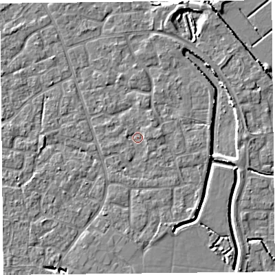 Shaded relief map of the ground around BS227XQ, computed from Environment Agency LiDAR. The ground here sits at about 6 m above sea level and falls 6 m across the surrounding 800 m. Surface water reaching this point runs off ground lying to the north-east, 1.2 m higher.