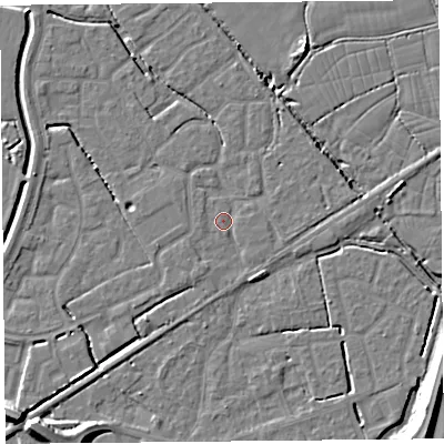 Shaded relief map of the ground around BS227XS, computed from Environment Agency LiDAR. The ground here sits at about 6 m above sea level and falls 10 m across the surrounding 800 m. Surface water reaching this point runs off ground lying to the east-north-east, 1.9 m higher.