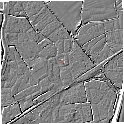 Shaded relief map of the ground around BS227XT, computed from Environment Agency LiDAR. The ground here sits at about 6 m above sea level and falls 8 m across the surrounding 800 m. Surface water reaching this point runs off ground lying to the east, 2.1 m higher.