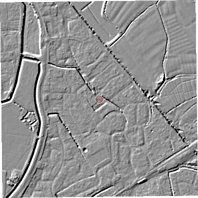 Shaded relief map of the ground around BS227XU, computed from Environment Agency LiDAR. The ground here sits at about 6 m above sea level and falls 5 m across the surrounding 800 m. Surface water reaching this point runs off ground lying to the north-west, 2.9 m higher.
