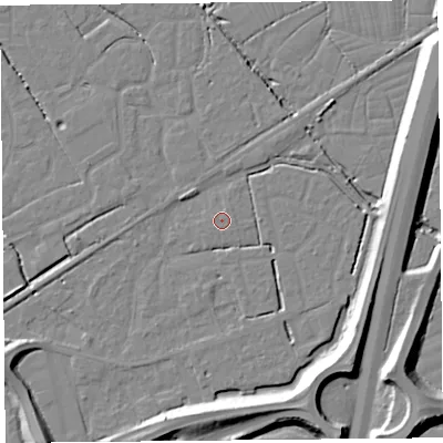 Shaded relief map of the ground around BS227XW, computed from Environment Agency LiDAR. The ground here sits at about 6 m above sea level and falls 10 m across the surrounding 800 m. The ground contributing surface water to this point lies to the east-north-east.