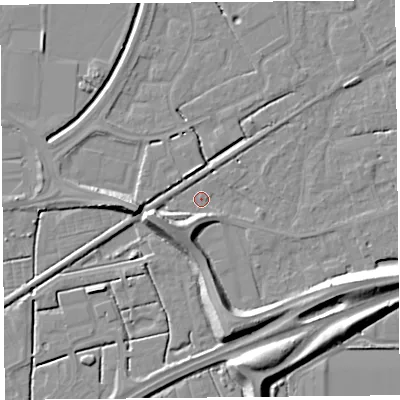 Shaded relief map of the ground around BS227XY, computed from Environment Agency LiDAR. The ground here sits at about 6 m above sea level and falls 10 m across the surrounding 800 m. Surface water reaching this point runs off ground lying to the west-south-west, 7.6 m higher.