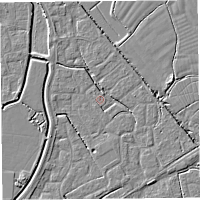 Shaded relief map of the ground around BS227XZ, computed from Environment Agency LiDAR. The ground here sits at about 6 m above sea level and falls 5 m across the surrounding 800 m. Surface water reaching this point runs off ground lying to the west, 2.8 m higher.