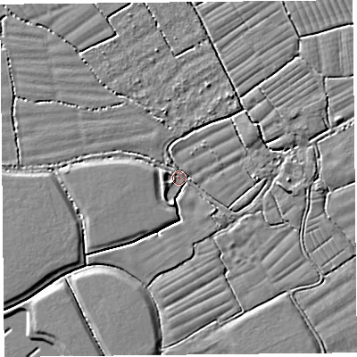 Shaded relief map of the ground around BS227YA, computed from Environment Agency LiDAR. The ground here sits at about 5 m above sea level and falls 3 m across the surrounding 800 m. Surface water reaching this point runs off ground lying to the south-south-west, 2.6 m higher.