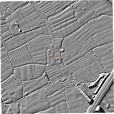 Shaded relief map of the ground around BS227YD, computed from Environment Agency LiDAR. The ground here sits at about 5 m above sea level and falls 9 m across the surrounding 800 m. Surface water reaching this point runs off ground lying to the south-east, 8.2 m higher.