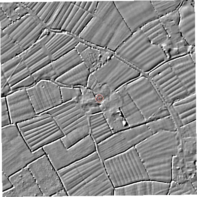 Shaded relief map of the ground around BS227YG, computed from Environment Agency LiDAR. The ground here sits at about 6 m above sea level and falls 5 m across the surrounding 800 m. Surface water reaching this point runs off ground lying to the south-east, 2.5 m higher.