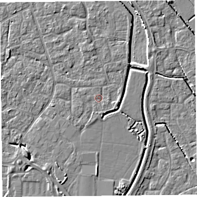 Shaded relief map of the ground around BS227YH, computed from Environment Agency LiDAR. The ground here sits at about 6 m above sea level and falls 6 m across the surrounding 800 m. Surface water reaching this point runs off ground lying to the east-south-east, 1.1 m higher.