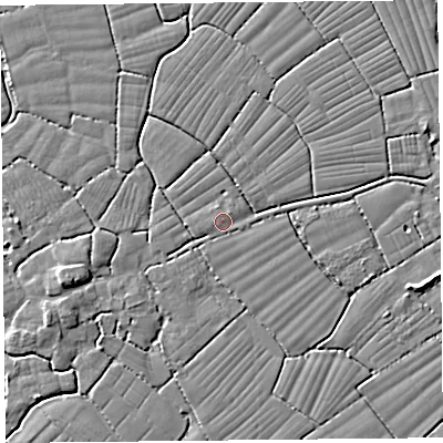 Shaded relief map of the ground around BS227YL, computed from Environment Agency LiDAR. The ground here sits at about 6 m above sea level and falls 5 m across the surrounding 800 m. Surface water reaching this point runs off ground lying to the north-east, 2.0 m higher.