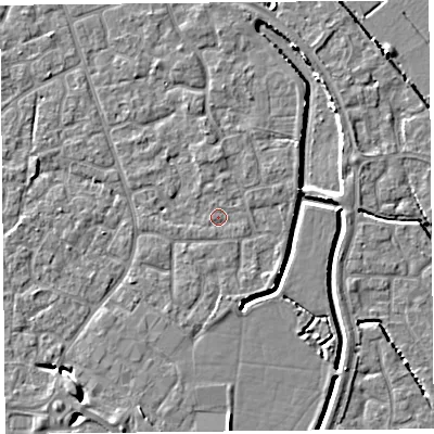 Shaded relief map of the ground around BS227YN, computed from Environment Agency LiDAR. The ground here sits at about 6 m above sea level and falls 5 m across the surrounding 800 m. Surface water reaching this point runs off ground lying to the north, 0.5 m higher.