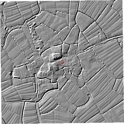 Shaded relief map of the ground around BS227YP, computed from Environment Agency LiDAR. The ground here sits at about 7 m above sea level and falls 5 m across the surrounding 800 m. Surface water reaching this point runs off ground lying to the west-north-west, 3.2 m higher.