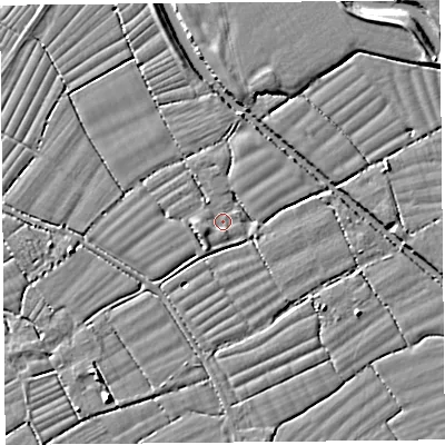 Shaded relief map of the ground around BS227YQ, computed from Environment Agency LiDAR. The ground here sits at about 6 m above sea level and falls 5 m across the surrounding 800 m. Surface water reaching this point runs off ground lying to the west-south-west, 1.4 m higher.
