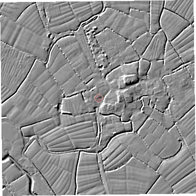 Shaded relief map of the ground around BS227YR, computed from Environment Agency LiDAR. The ground here sits at about 6 m above sea level and falls 5 m across the surrounding 800 m. Surface water reaching this point runs off ground lying to the east, 3.3 m higher.