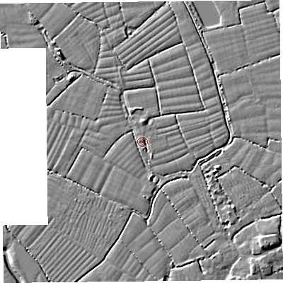Shaded relief map of the ground around BS227YS, computed from Environment Agency LiDAR. The ground here sits at about 6 m above sea level and falls 5 m across the surrounding 800 m. Surface water reaching this point runs off ground lying to the north, 2.4 m higher.