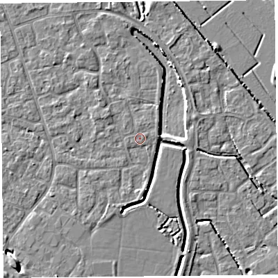 Shaded relief map of the ground around BS227YT, computed from Environment Agency LiDAR. The ground here sits at about 6 m above sea level and falls 5 m across the surrounding 800 m. Surface water reaching this point runs off ground lying to the west-north-west, 1.2 m higher.