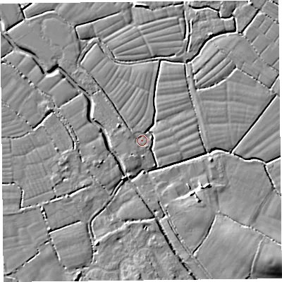 Shaded relief map of the ground around BS227YU, computed from Environment Agency LiDAR. The ground here sits at about 6 m above sea level and falls 8 m across the surrounding 800 m. Surface water reaching this point runs off ground lying to the west-north-west, 1.3 m higher.