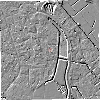 Shaded relief map of the ground around BS227YW, computed from Environment Agency LiDAR. The ground here sits at about 6 m above sea level and falls 5 m across the surrounding 800 m. Surface water reaching this point runs off ground lying to the east-north-east, 1.2 m higher.