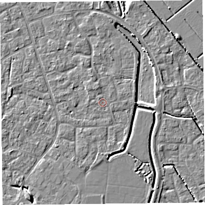 Shaded relief map of the ground around BS227YX, computed from Environment Agency LiDAR. The ground here sits at about 6 m above sea level and falls 5 m across the surrounding 800 m. The ground contributing surface water to this point lies to the north-north-west.