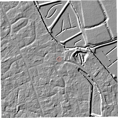 Shaded relief map of the ground around BS227YZ, computed from Environment Agency LiDAR. The ground here sits at about 6 m above sea level and falls 4 m across the surrounding 800 m. Surface water reaching this point runs off ground lying to the east-north-east, 1.7 m higher.