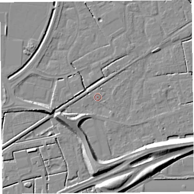 Shaded relief map of the ground around BS227ZA, computed from Environment Agency LiDAR. The ground here sits at about 6 m above sea level and falls 10 m across the surrounding 800 m. Surface water reaching this point runs off ground lying to the west-south-west, 7.6 m higher.