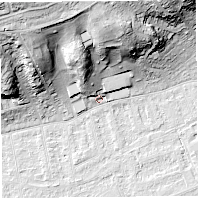 Shaded relief map of the ground around BS228AA, computed from Environment Agency LiDAR. The ground here sits at about 7 m above sea level and falls 45 m across the surrounding 800 m. Surface water reaching this point runs off ground lying to the north-north-west, 22.8 m higher.
