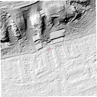 Shaded relief map of the ground around BS228AB, computed from Environment Agency LiDAR. The ground here sits at about 5 m above sea level and falls 41 m across the surrounding 800 m. Surface water reaching this point runs off ground lying to the south-south-west, 1.5 m higher.
