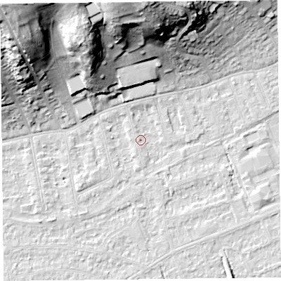 Shaded relief map of the ground around BS228AD, computed from Environment Agency LiDAR. The ground here sits at about 5 m above sea level and falls 37 m across the surrounding 800 m. Surface water reaching this point runs off ground lying to the south-south-west, 0.8 m higher.