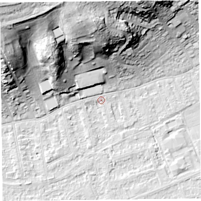 Shaded relief map of the ground around BS228AE, computed from Environment Agency LiDAR. The ground here sits at about 6 m above sea level and falls 42 m across the surrounding 800 m. Surface water reaching this point runs off ground lying to the north-north-west, 36.5 m higher.
