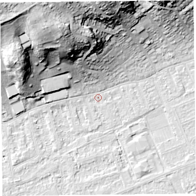 Shaded relief map of the ground around BS228AF, computed from Environment Agency LiDAR. The ground here sits at about 5 m above sea level and falls 40 m across the surrounding 800 m. Surface water reaching this point runs off ground lying to the north-north-west, 38.8 m higher.