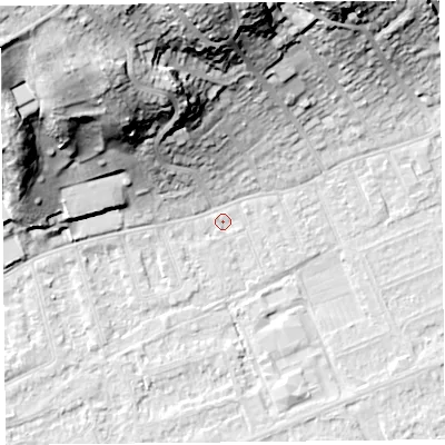 Shaded relief map of the ground around BS228AG, computed from Environment Agency LiDAR. The ground here sits at about 5 m above sea level and falls 40 m across the surrounding 800 m. Surface water reaching this point runs off ground lying to the west-north-west, 0.7 m higher.