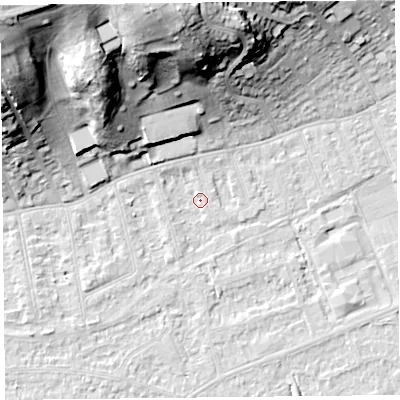 Shaded relief map of the ground around BS228AH, computed from Environment Agency LiDAR. The ground here sits at about 5 m above sea level and falls 38 m across the surrounding 800 m. Surface water reaching this point runs off ground lying to the north-north-west, 1.7 m higher.