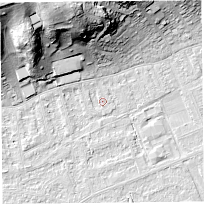 Shaded relief map of the ground around BS228AJ, computed from Environment Agency LiDAR. The ground here sits at about 5 m above sea level and falls 37 m across the surrounding 800 m. Surface water reaching this point runs off ground lying to the north-north-west, 34.4 m higher.