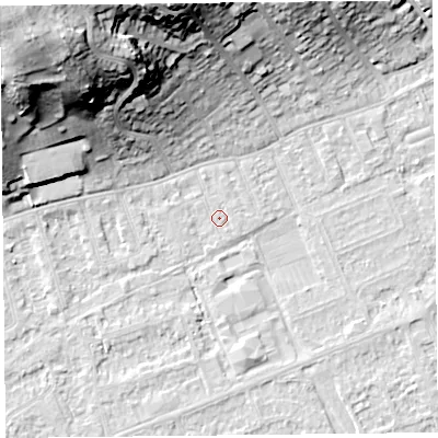 Shaded relief map of the ground around BS228AN, computed from Environment Agency LiDAR. The ground here sits at about 5 m above sea level and falls 37 m across the surrounding 800 m. Surface water reaching this point runs off ground lying to the north-west, 37.0 m higher.