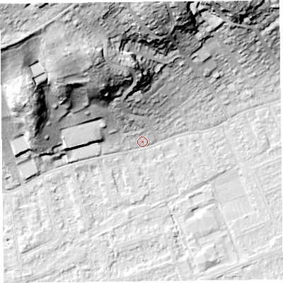 Shaded relief map of the ground around BS228AP, computed from Environment Agency LiDAR. The ground here sits at about 6 m above sea level and falls 43 m across the surrounding 800 m. Surface water reaching this point runs off ground lying to the north-north-west, 28.8 m higher.