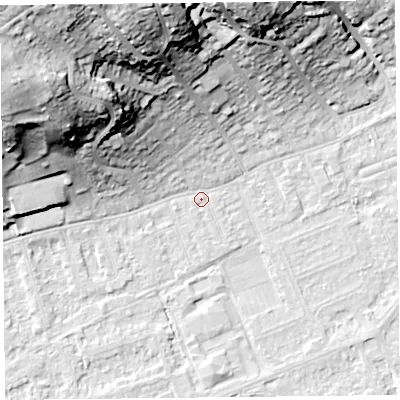Shaded relief map of the ground around BS228AQ, computed from Environment Agency LiDAR. The ground here sits at about 6 m above sea level and falls 41 m across the surrounding 800 m. Surface water reaching this point runs off ground lying to the north-west, 25.8 m higher.