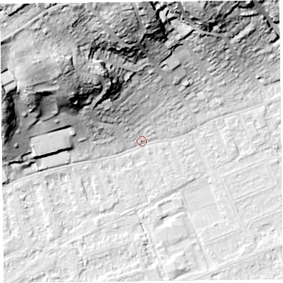 Shaded relief map of the ground around BS228AR, computed from Environment Agency LiDAR. The ground here sits at about 6 m above sea level and falls 45 m across the surrounding 800 m. Surface water reaching this point runs off ground lying to the north-west, 34.5 m higher.