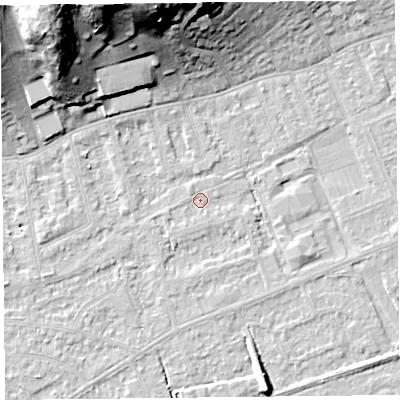 Shaded relief map of the ground around BS228AT, computed from Environment Agency LiDAR. The ground here sits at about 5 m above sea level and falls 29 m across the surrounding 800 m. Surface water reaching this point runs off ground lying to the east-south-east, 2.4 m higher.