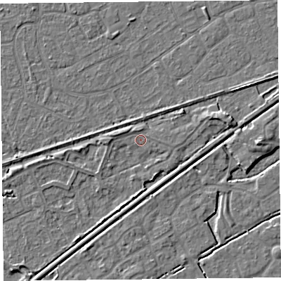 Shaded relief map of the ground around BS228AU, computed from Environment Agency LiDAR. The ground here sits at about 6 m above sea level and falls 4 m across the surrounding 800 m. The ground contributing surface water to this point lies to the west.