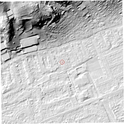 Shaded relief map of the ground around BS228AW, computed from Environment Agency LiDAR. The ground here sits at about 5 m above sea level and falls 37 m across the surrounding 800 m. Surface water reaching this point runs off ground lying to the north-west, 36.8 m higher.