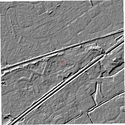 Shaded relief map of the ground around BS228AX, computed from Environment Agency LiDAR. The ground here sits at about 6 m above sea level and falls 4 m across the surrounding 800 m. Surface water reaching this point runs off ground lying to the north-north-west, 1.2 m higher.